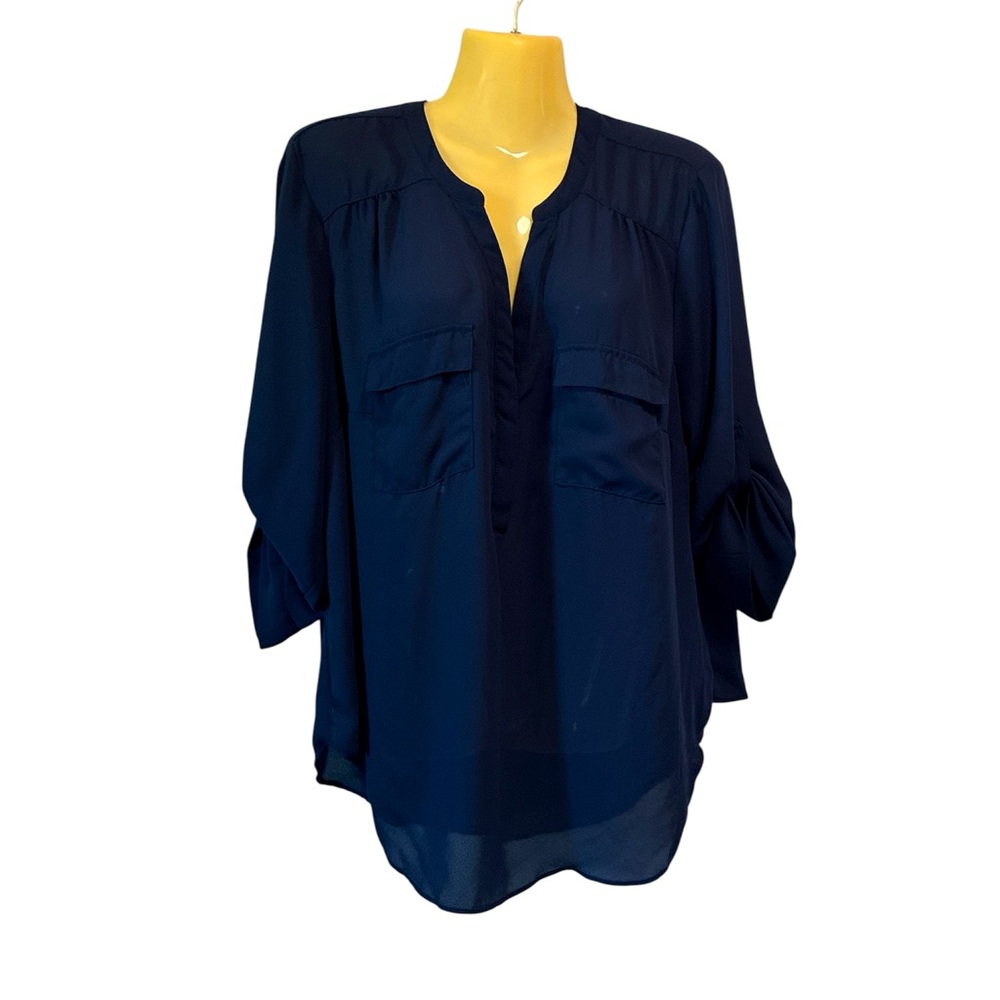 Torrid Harper Blouse V Neck 3/4 Rollup Sleeve Career Professional Navy Size 1